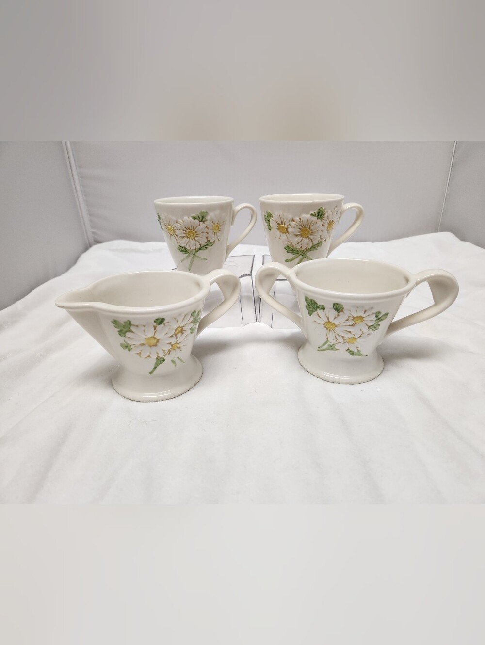 White Ceramic Daisy Mug and Creamer Set - Floral Coffee Mugs with Green Accents